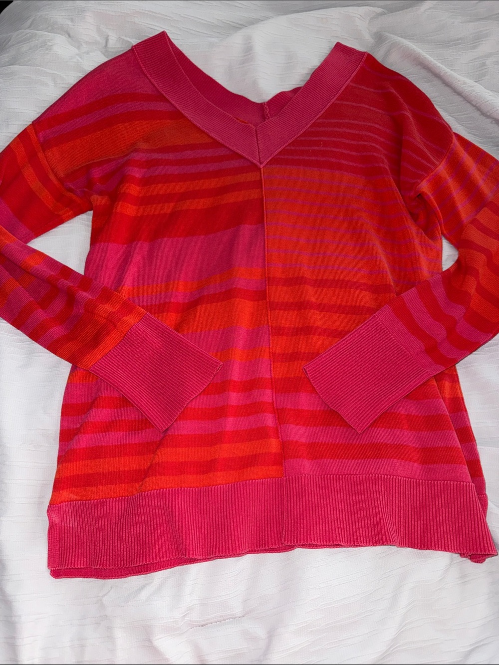 Amazon Women's V-Neck Striped Pink & Red Knit Sweater